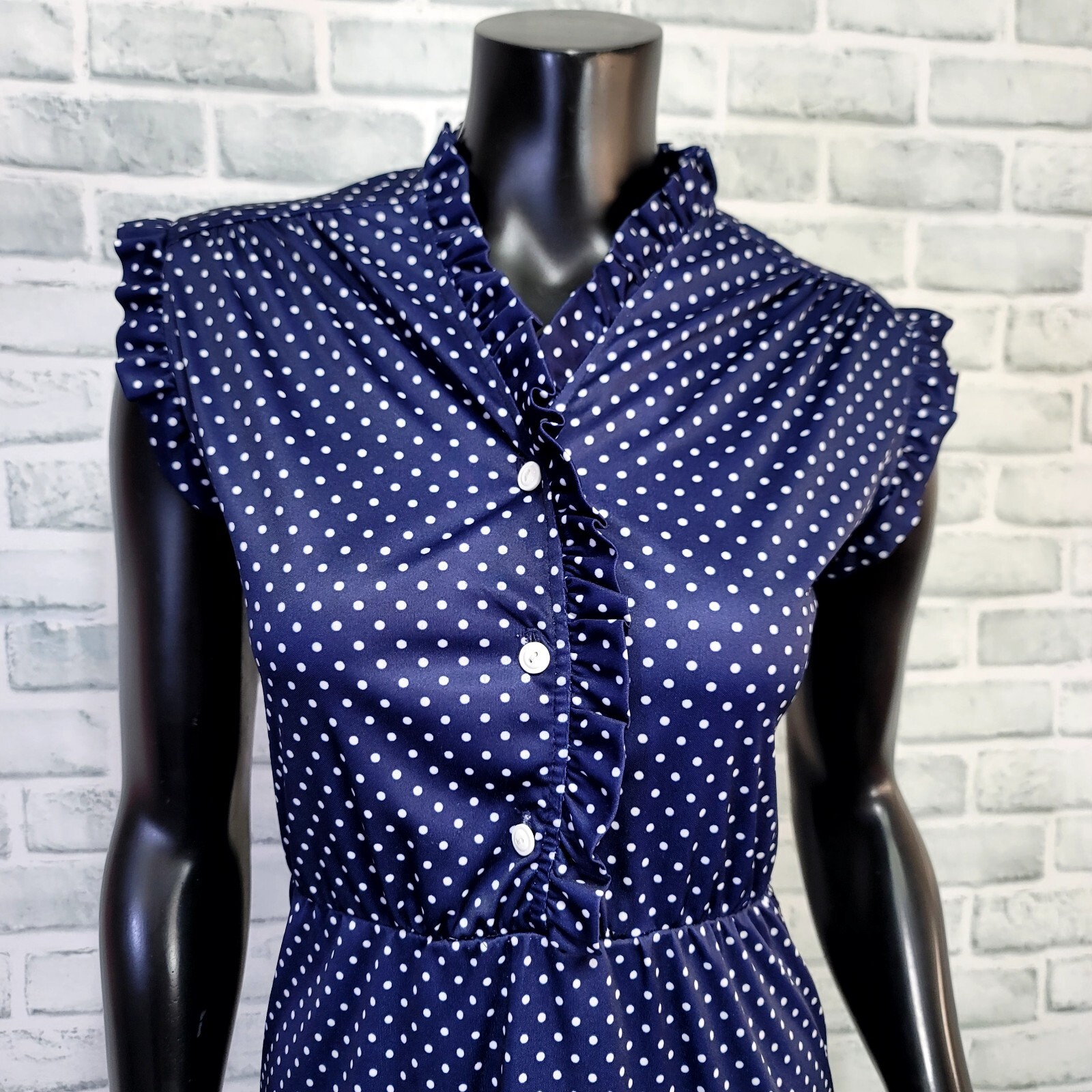 Vintage 70s Avon Fashion S Navy White Polka Dot Ruffle Sleeveless Sheath Dress