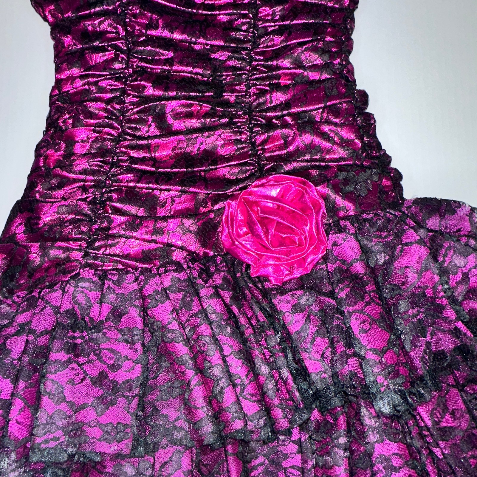 VTG Night Moves Prom Dress Sz 5/6 Fuchsia Pink Metallic Black Lace asymmetrical