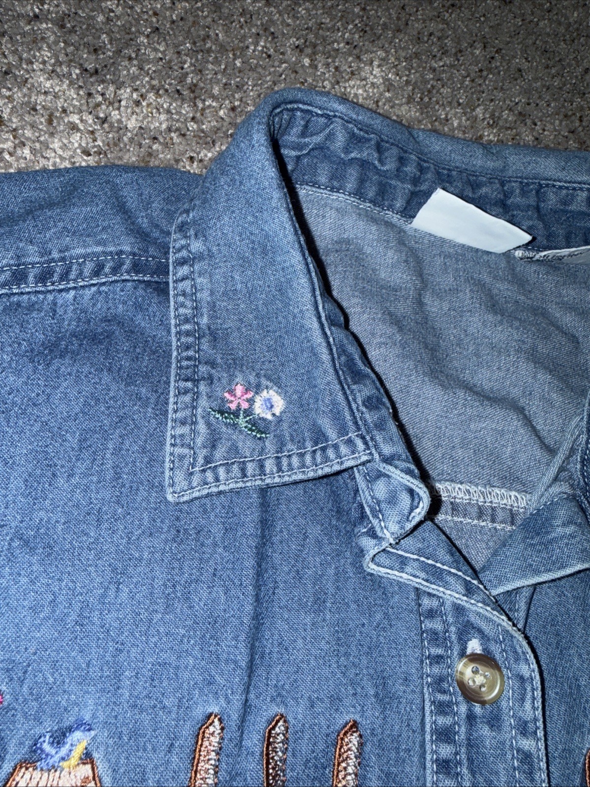Womens 14/16W Denim Shirt Embroidered Floral Bear Garden Cottagecore Grandmacore