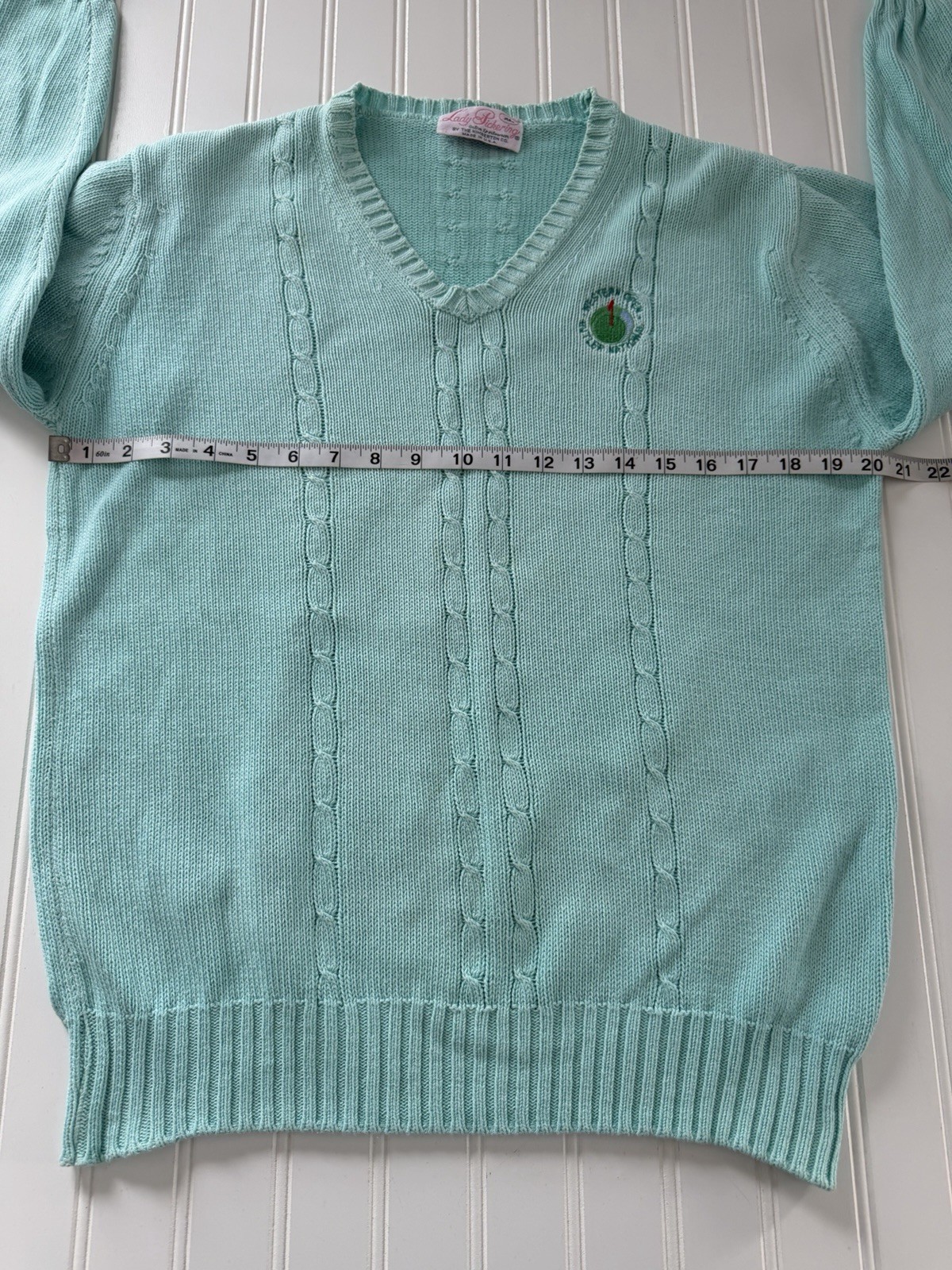 Vintage Golf Cable Knit V-Neck Sweater Aqua Blue Women XL Lady Pickering