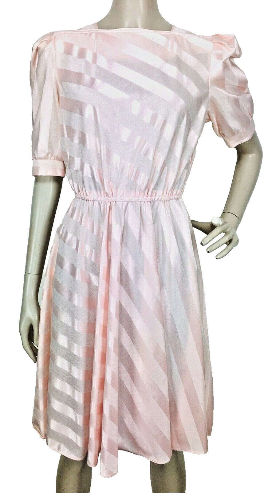 Vintage 80s Does 50s Jenny Petites Pink Candy Striped Puff Sleeve Dress XS/S/M