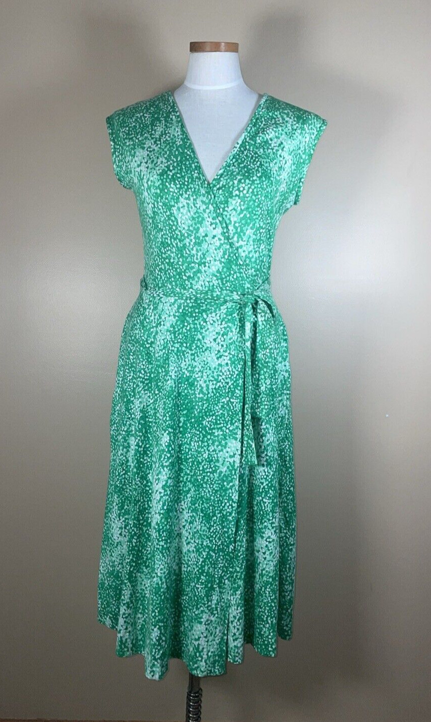 Vintage Eva Robert Janan 1970s Green Print Wrap Dress NOS NWT C-35″ 6 8