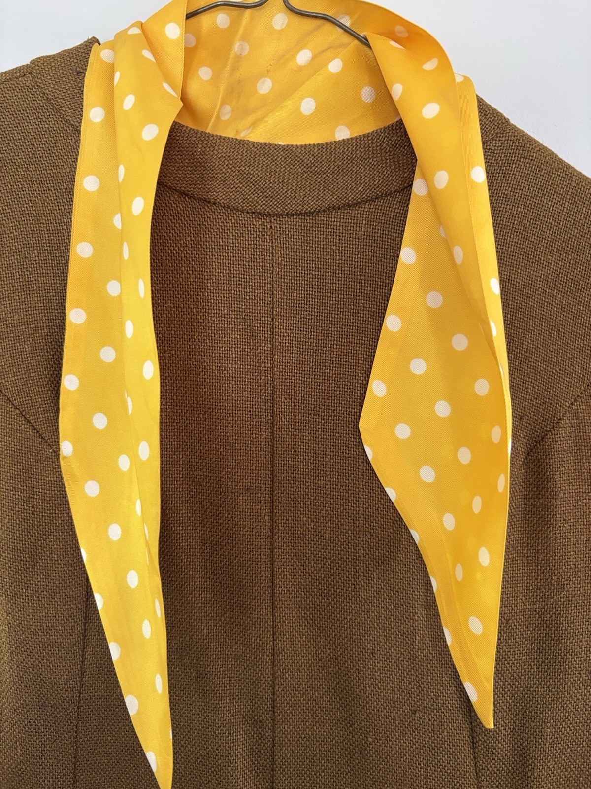1960s Brown shift dress sleeveless with yellow polka dot Scarf Collar Medium