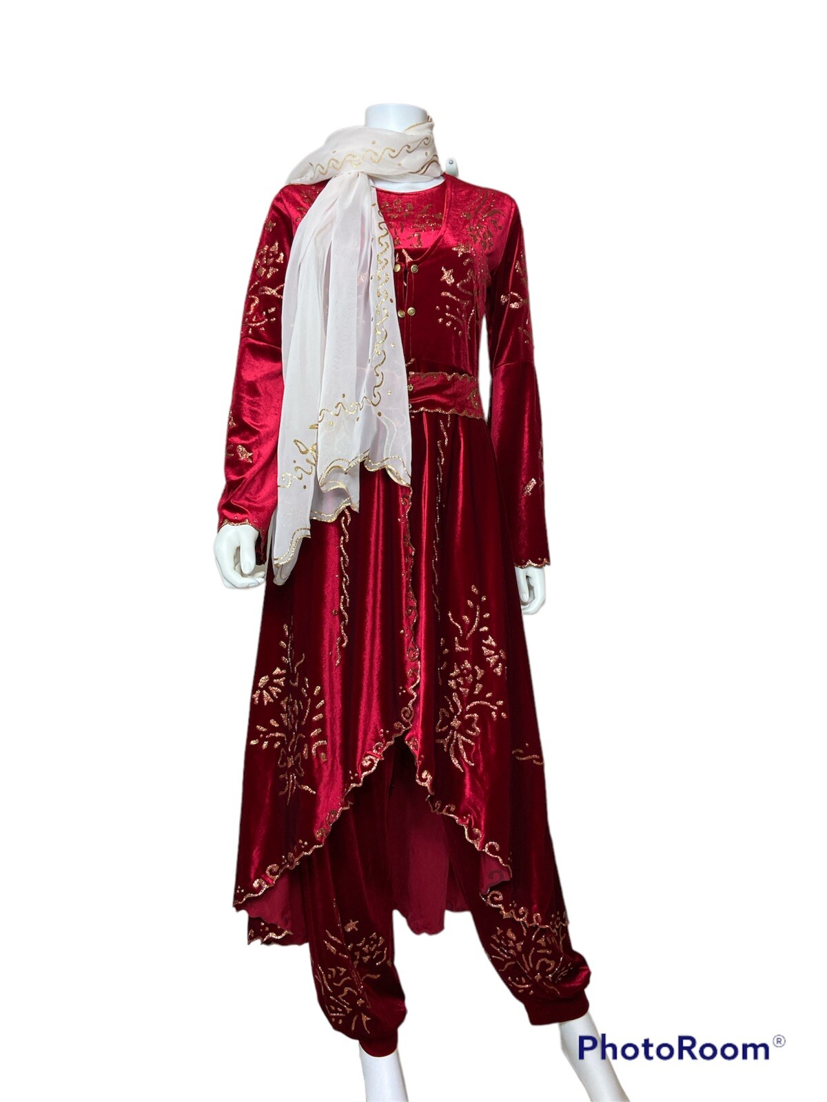 Women’s Embroidery Ottoman Kaftan Caftan Velvet Traditional Red Dress S/M ~ 5 PC