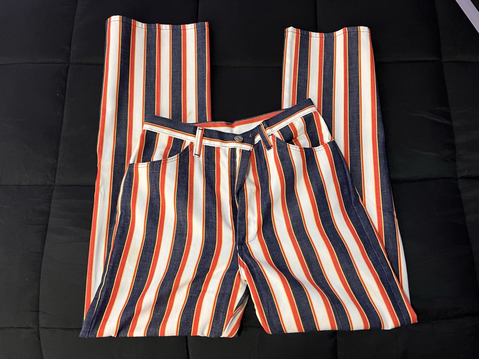 Vintage 70s Handmade Pants Black Orange & White Stripes 28×28.5