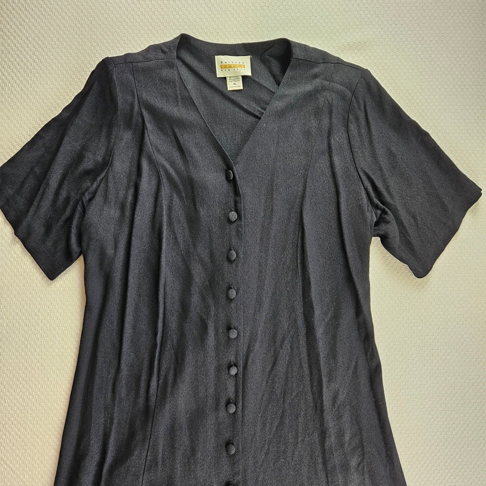 Vintage 90s Black Button Front Lace Up Back Midi Dress Short Sleeve Minimalism L