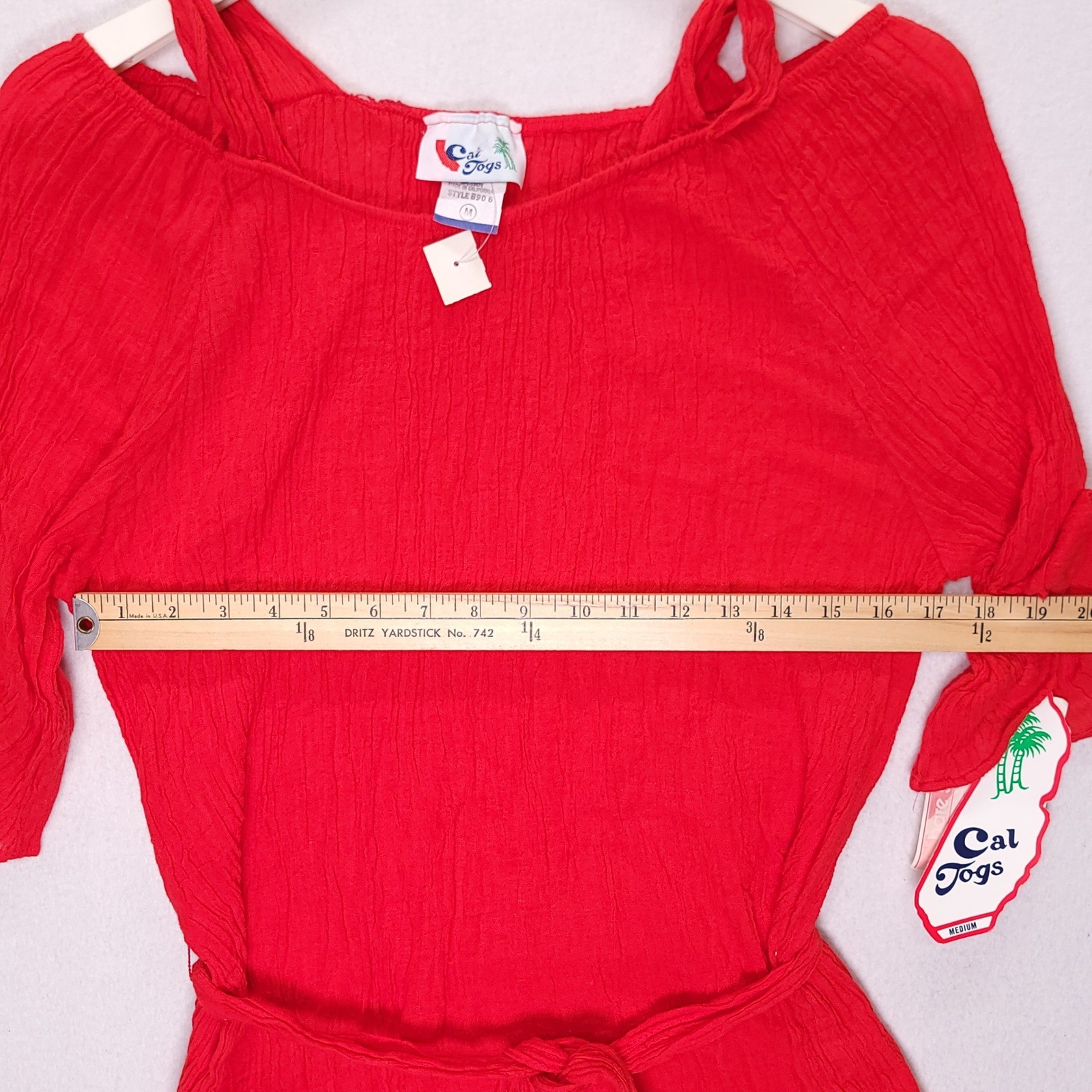 Vintage Cal Jogs Red Cold Shoulder Gauze Peplum Top Tie Waist Medium