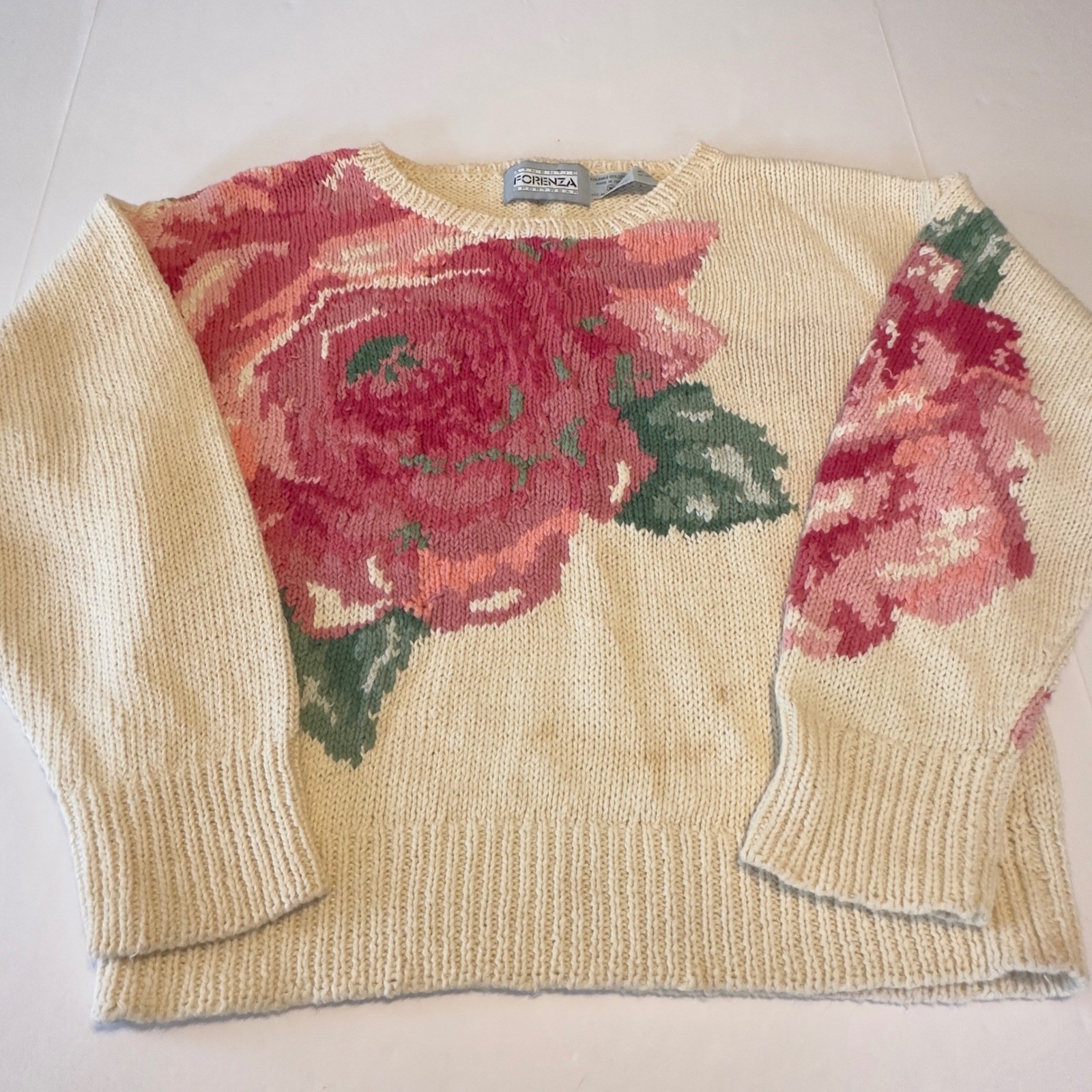 Vintage Forenza Sportswear Rose Floral Knit Sweater Cream Pink Ramie Cotton Med