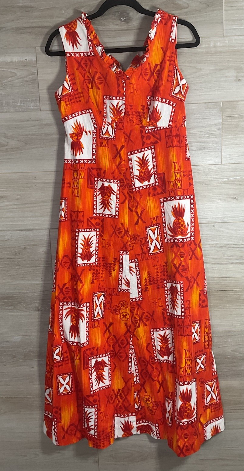 Hukilau Orange PINEAPPLE HAWAIIAN MAXI DRESS HIPPIE MOD HAWAII RESORT 12 L