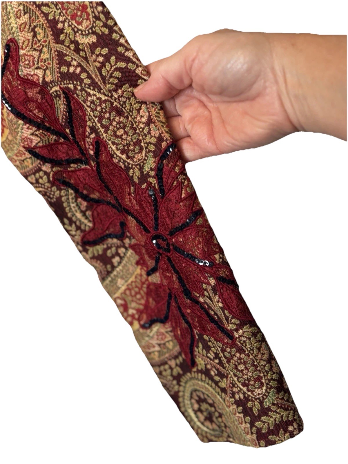 Vintage Womens Petite Med Alex Kim Suit Jacket Maroon Floral Ruffle Tapestry