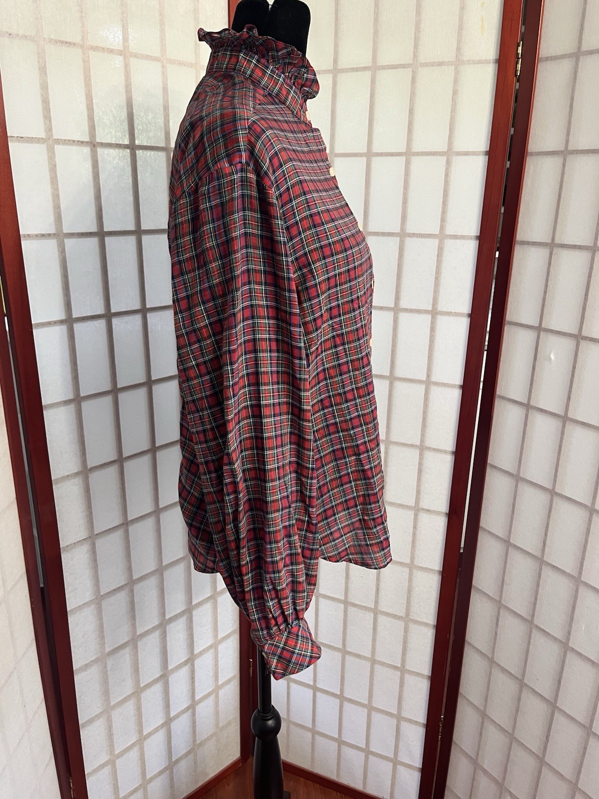Vintage 80’s Victorian grunge retro red, green, and beige plaid blouse