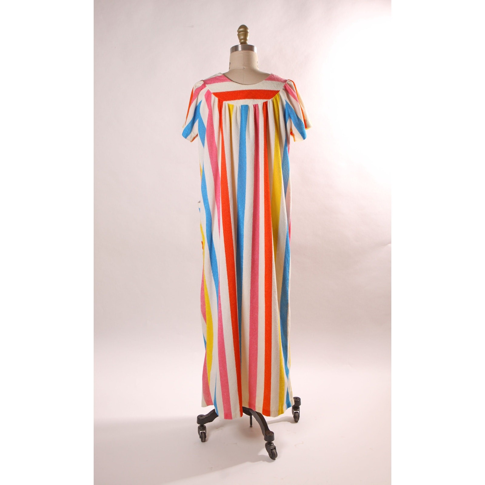 1970s White and Rainbow Striped Short Sleeve Pocketed Ankle Length Dress-S