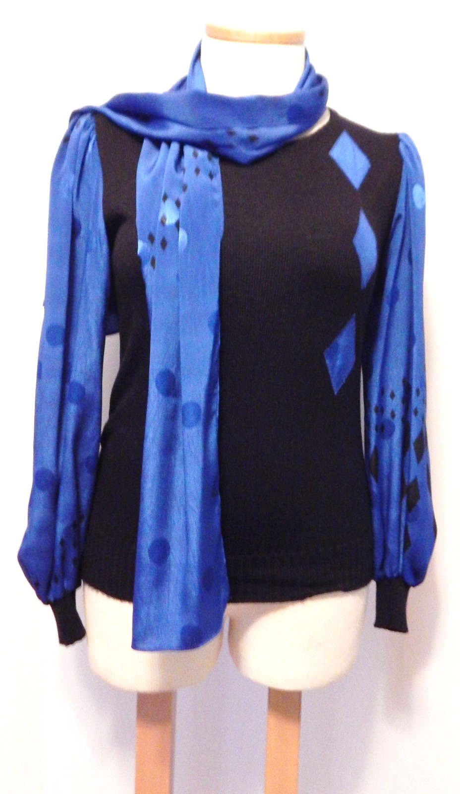 Vtg Anthony Sicari 80s Knit Harlequin Puffed Sleeve Sweater & Scarf Size L