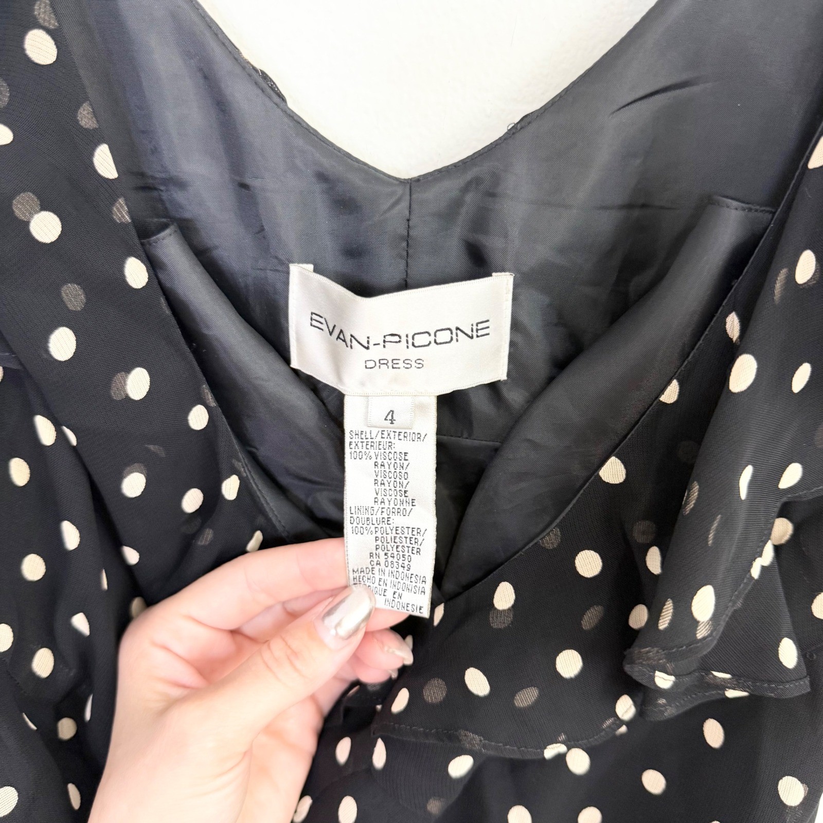 Vintage Evan-Picone Black Polka Dot Ruffle Midi Dress Size 4