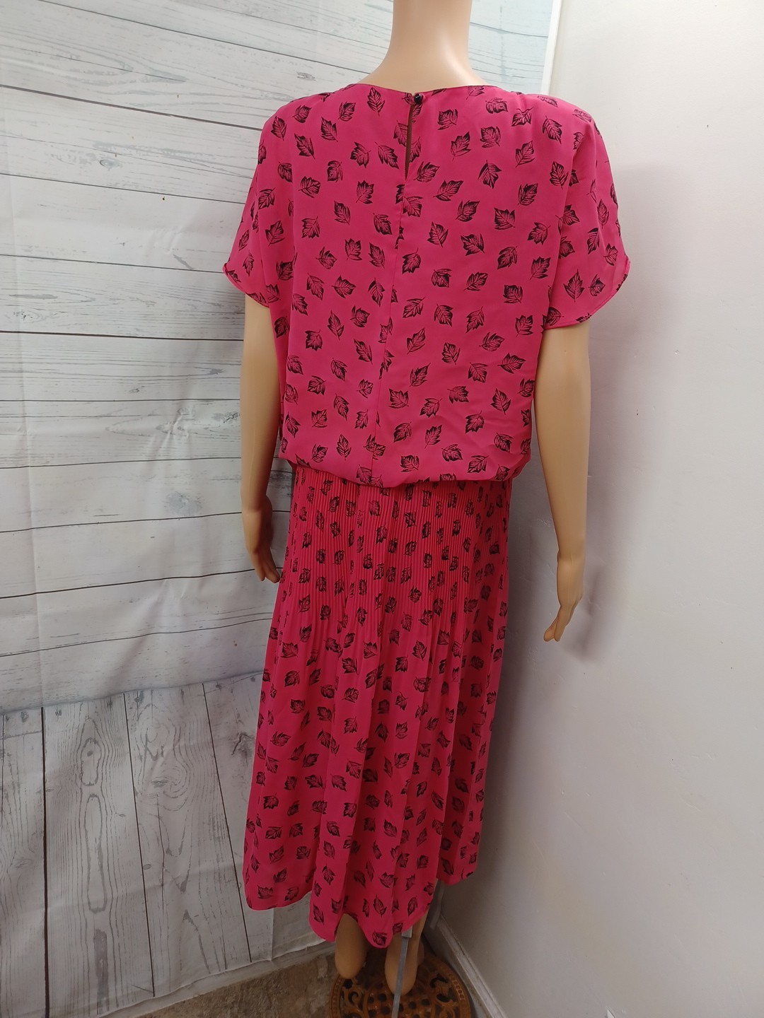 Vtg J.B. Too Pink Dress Floral Leaves Short Sleeves Secretary Drop Waist Sz 16