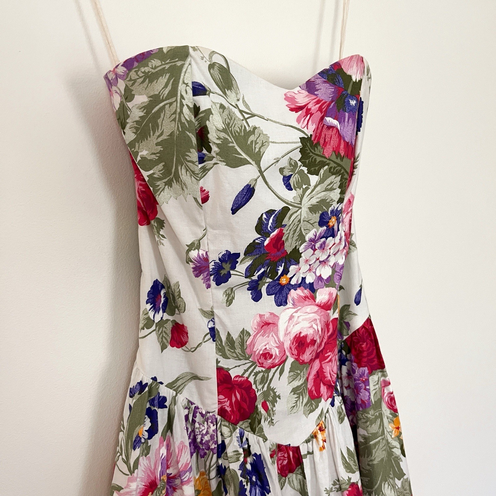 Vintage 80s Strapless Basque Waist Floral Midi Dress with Pink & Purple Blooms
