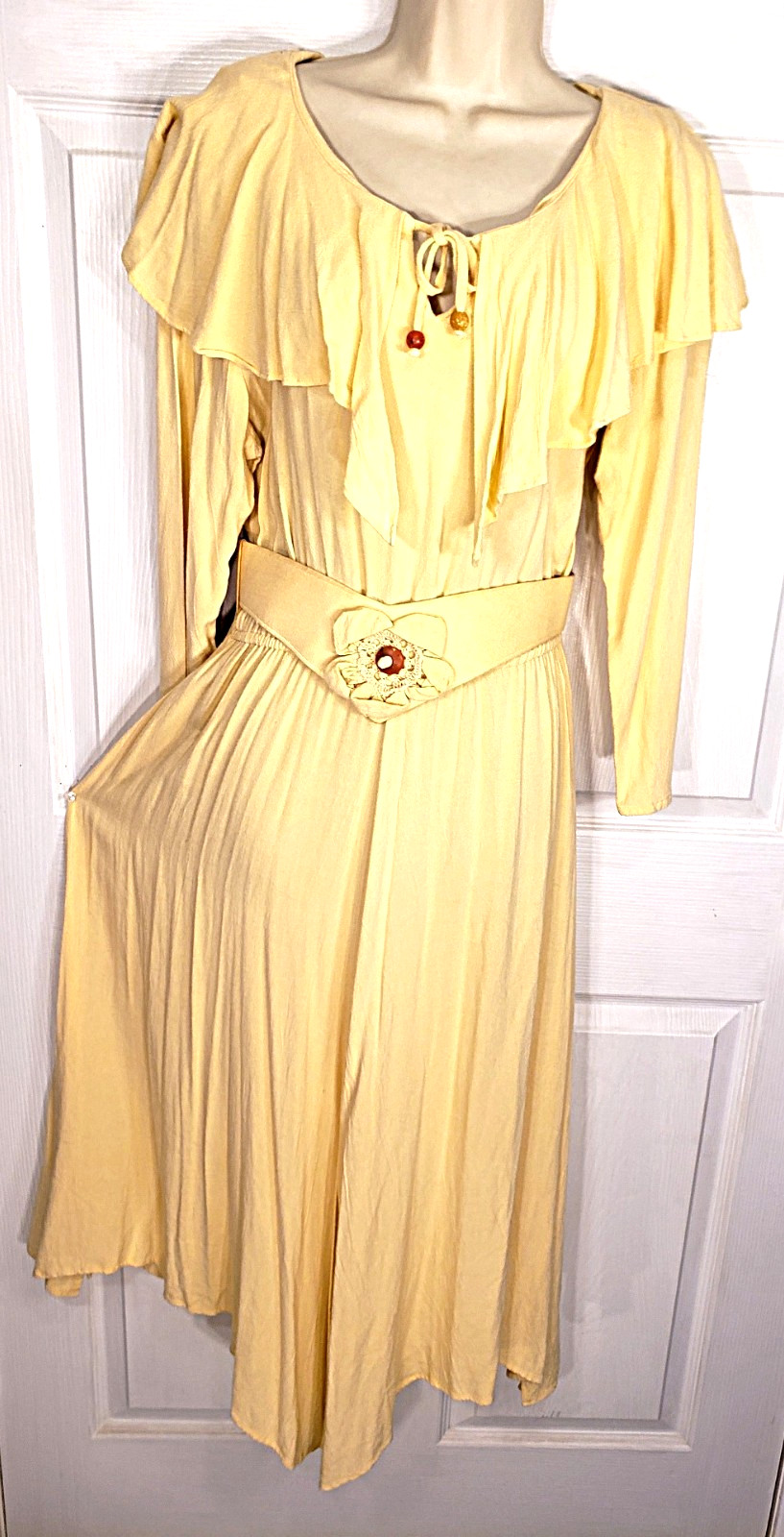 Spencer Alexis 90s Boho Dress Maxi Big Ruffle Belted Beaded Split Hem Womens M