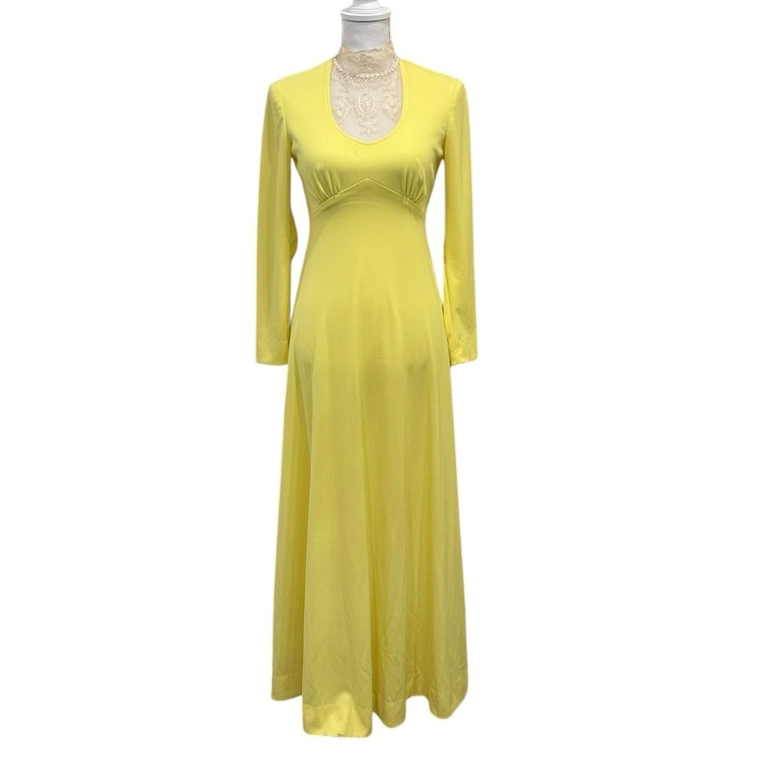 Vintage 1970s Victorian Edwardian Revival Yellow Lace Neck Maxi Dress Costume XS
