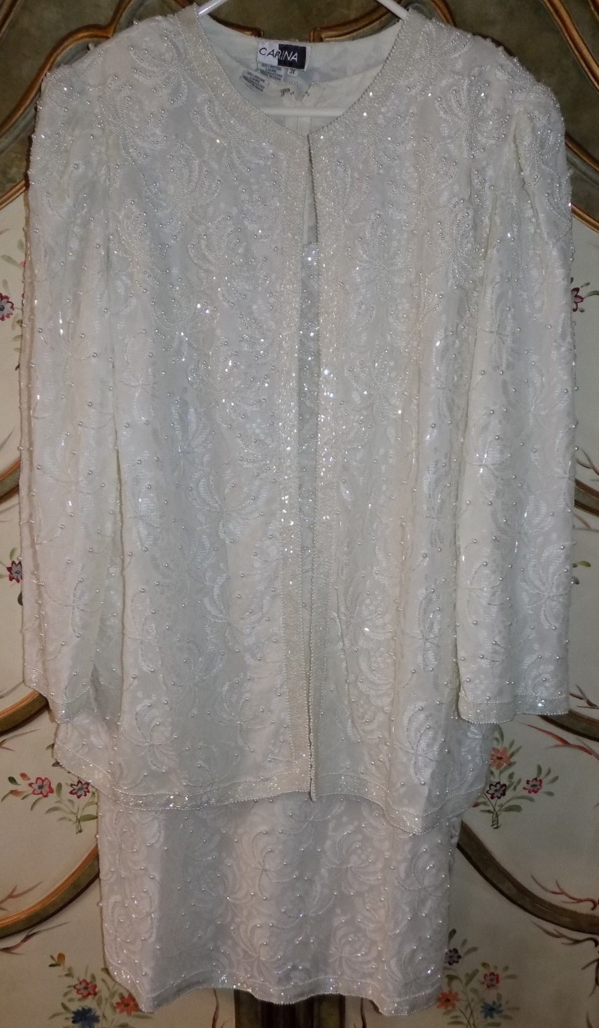 Vintage Carina 3X white glass beaded formal dress matching jacket coat wedding