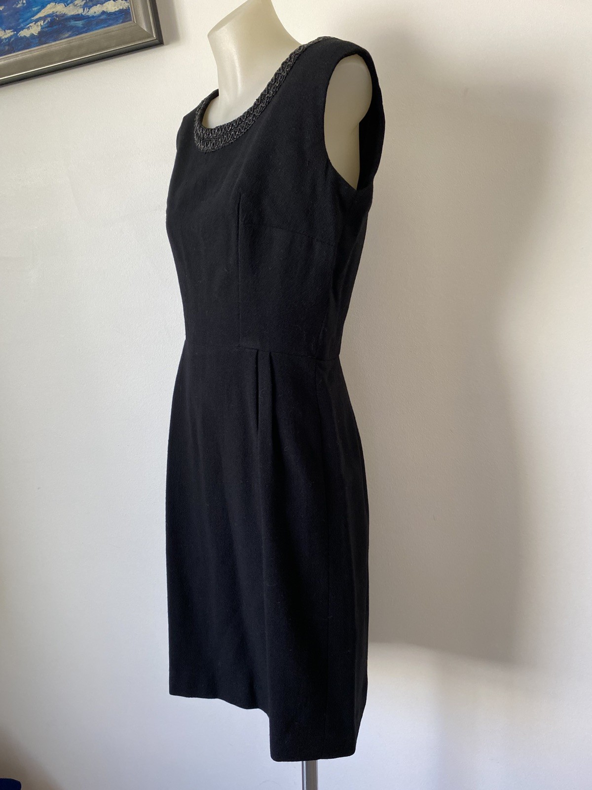50,s Classic Fine Wool Crepe Sheath With Braided Neckline. Classic Elegance.38”b