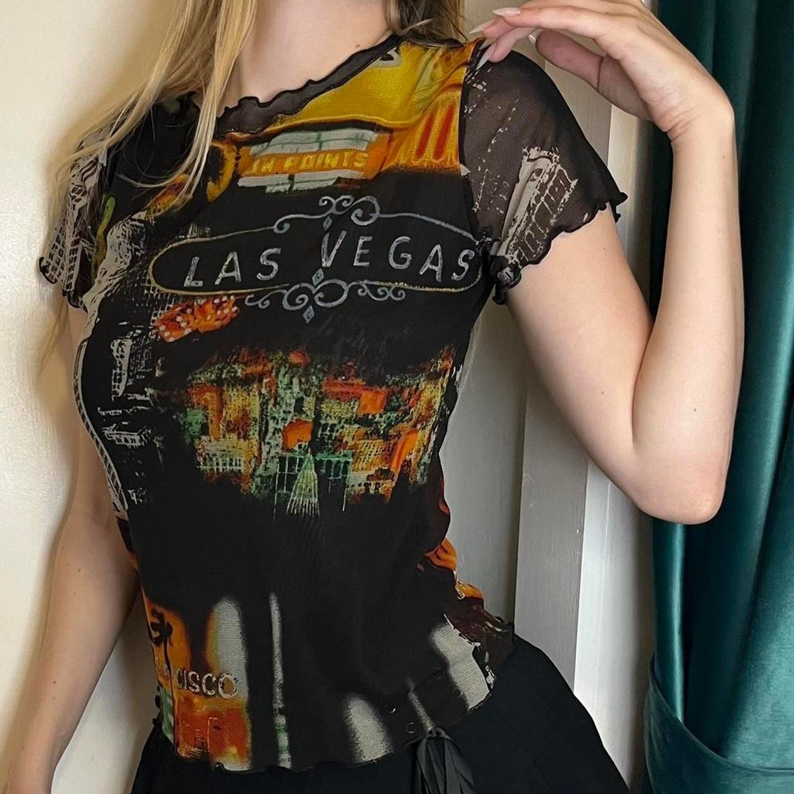 Vintage 1970s EK Designs Sheer Mesh Baby Graphic Tee Las Vegas Size S Rockstar