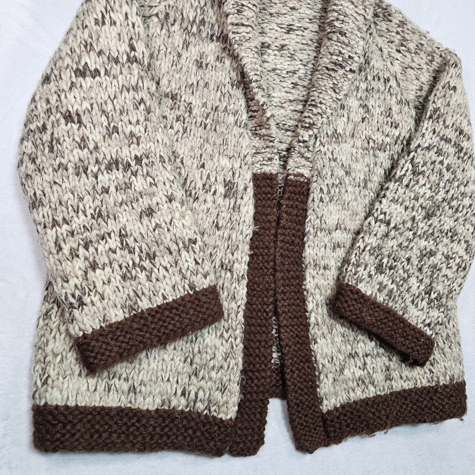 Knit Open Cardigan Sweater Adult L Oatmeal Shawl Collar Nordic Fisherman Aran