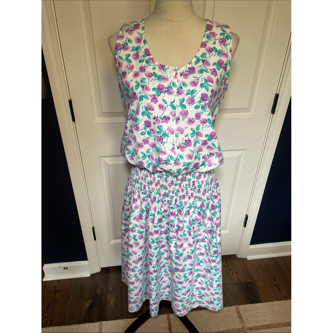 Vintage 80s Jodi Schwartz Bill Berman Floral Smocked Drop Waist Midi Dress Sz M