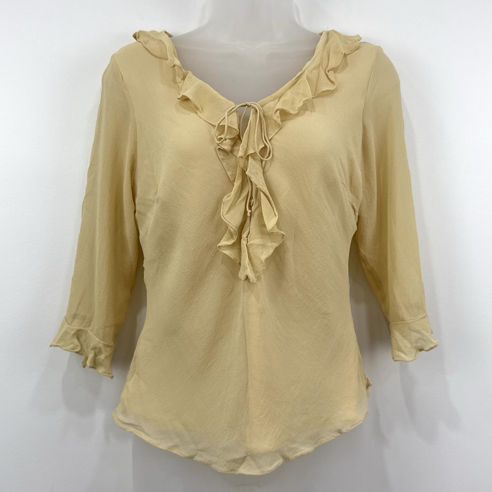 VTG Y2K Ice 100% Silk Top Womens S Beige Renaissance Fairy Dainty Ruffle Flounce