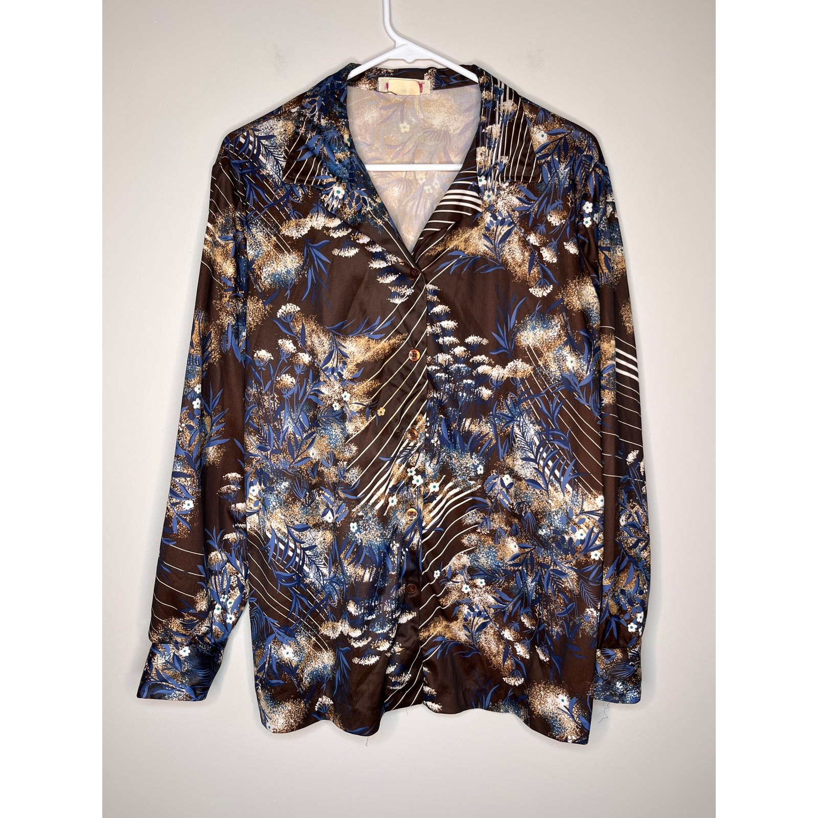 1970s Carol Henry Blue Chocolate Brown Floral Stripe Open Collar Disco Shirt 2X