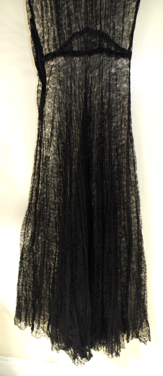 T3 ANTIQUE 1920’S SHEER BLACK French Lace Long DRESS Hand Sewn Grosgrain Ribbon