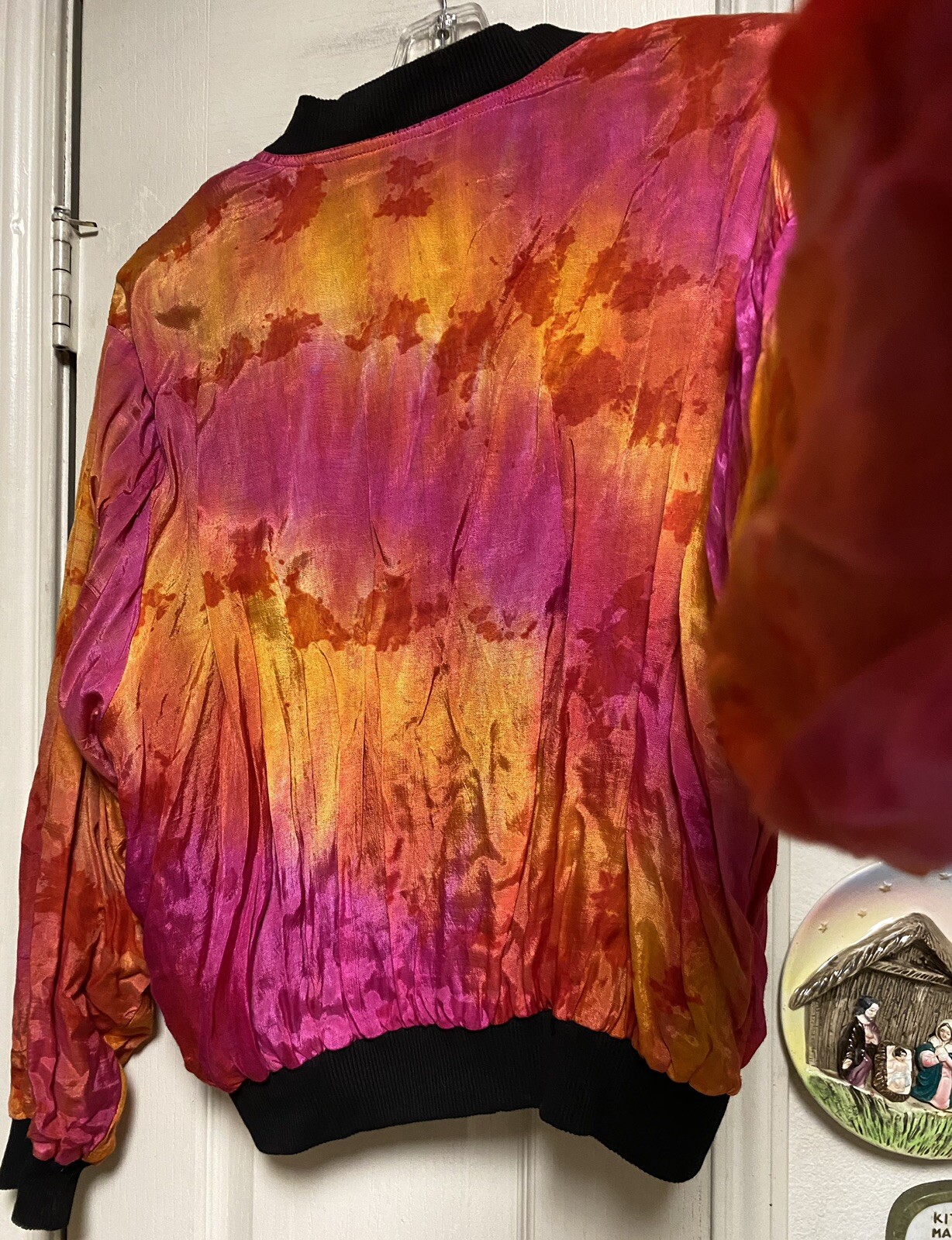 Vintage RIDE Rayon/Cotton Fuchsia Orange & Black Bomber Jacket W/Shoulder Pads