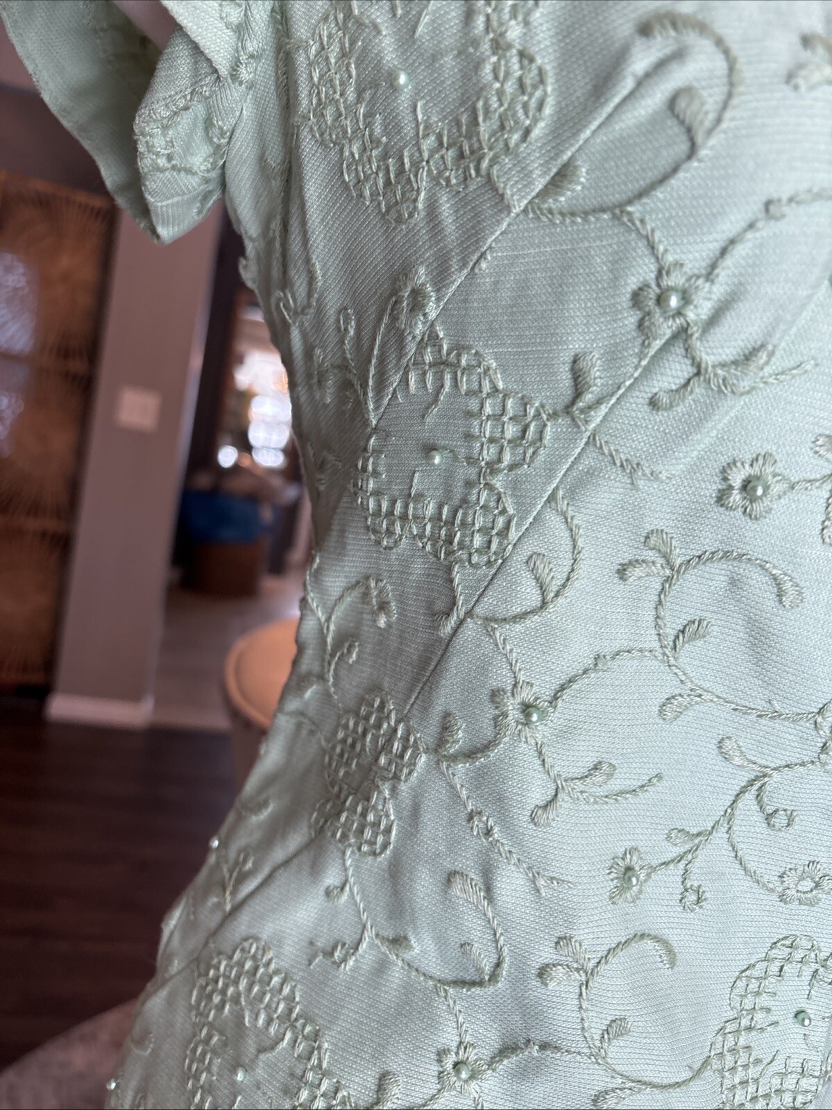 Vintage Embroidered Beaded Celery Green Midi Dress M Pencil Wiggle