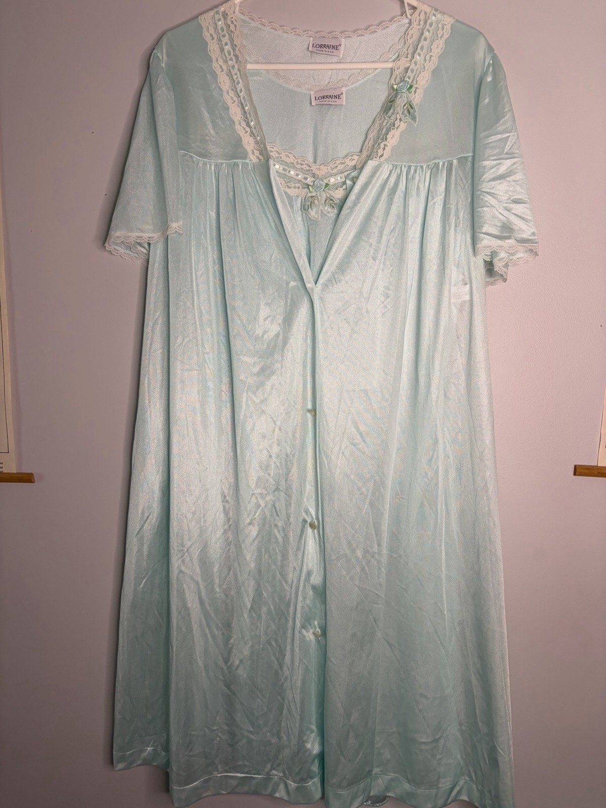 Vintage Lorraine Peignoir Set Nightgown Pale Blue Floral And Lace Detail NWT L