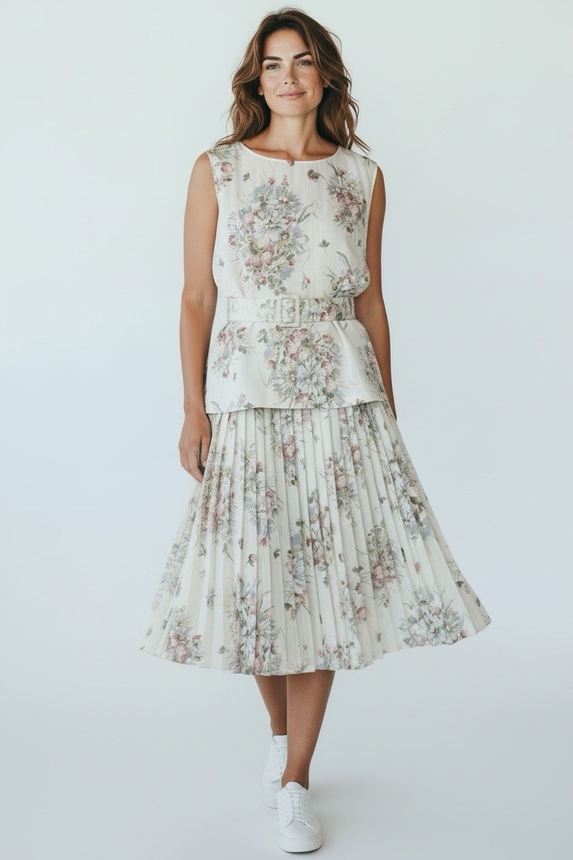 VTG 1980s Liz Baker Pleated Midi Skirt Set W/ Belt Floral Country Cottage, 18W