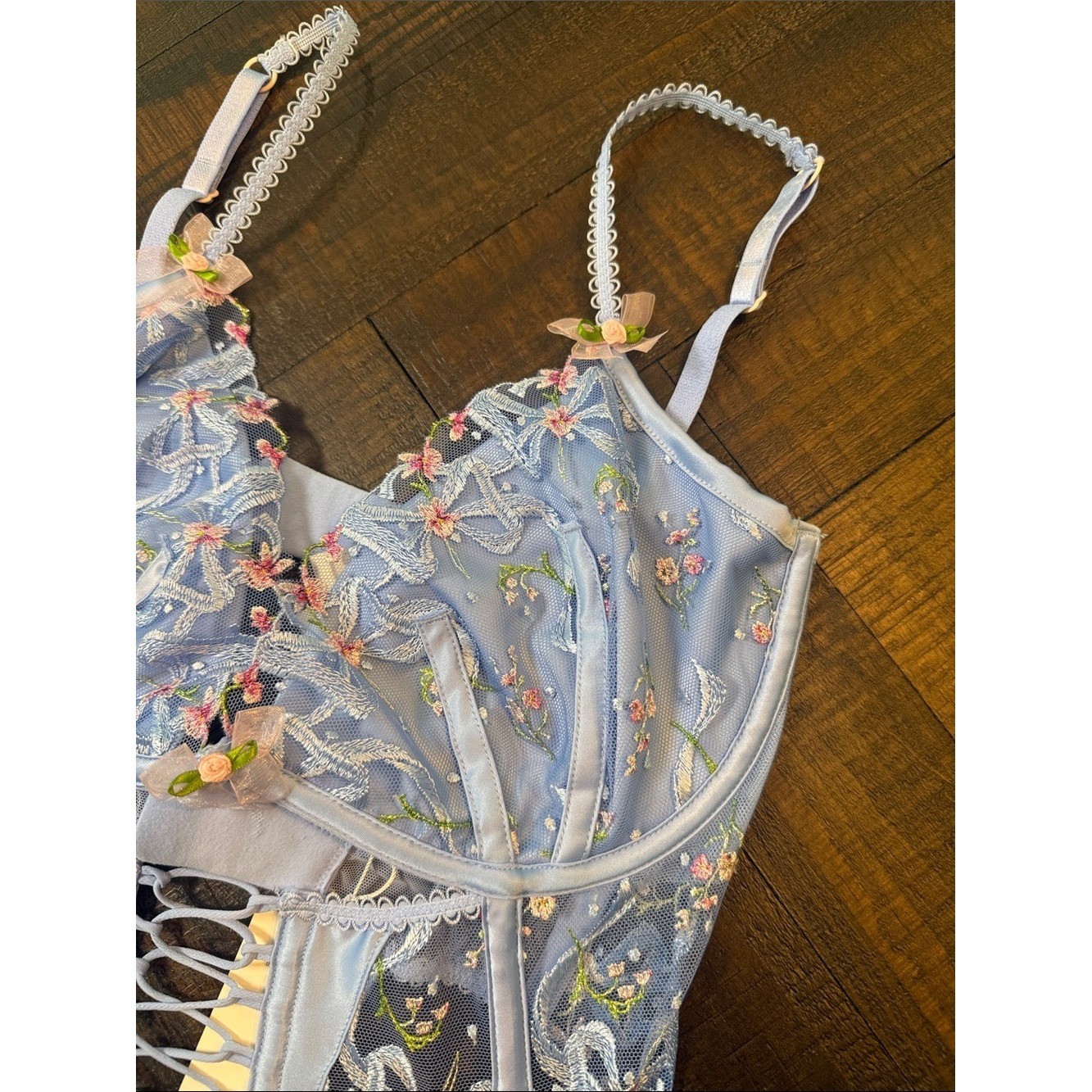 For Love & Lemons Belle Bow Bustier Blue Floral Lace-Up NWT