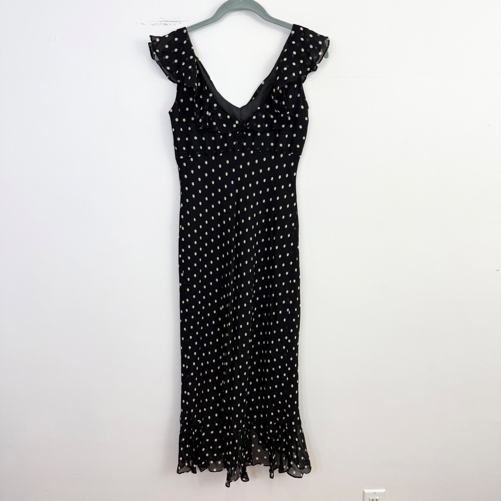 Vintage Evan-Picone Black Polka Dot Ruffle Midi Dress Size 4