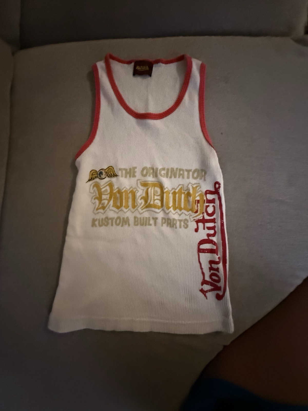 Vintage 2003 Von Dutch Ribbed Tank Top White Red Trim USA Made S/M Y2K LA Store
