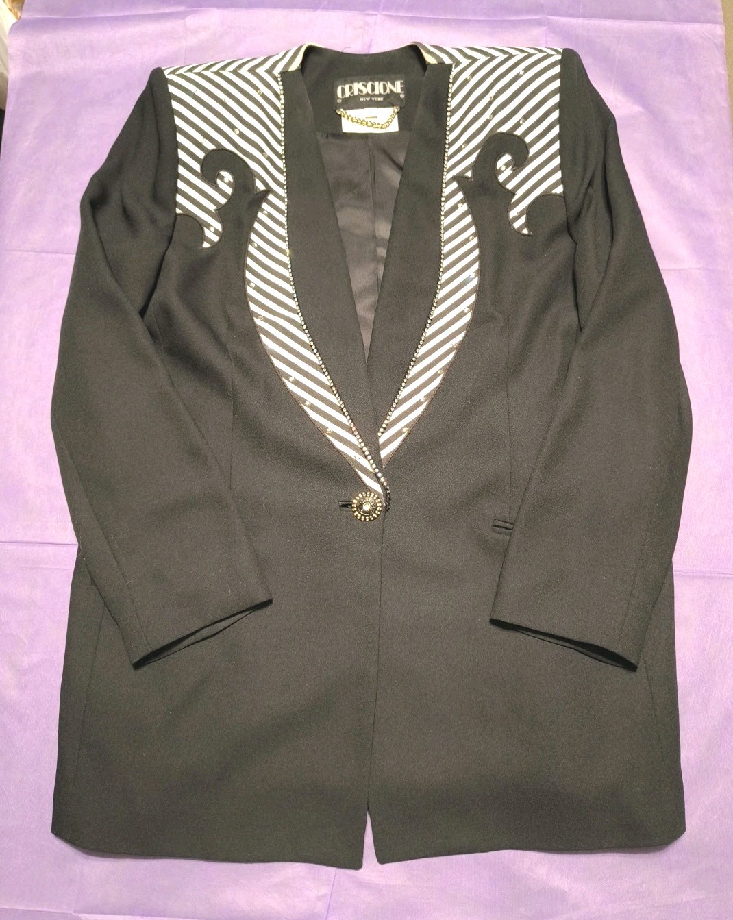 Vtg 1980’s Criscione Blazer Sz L Black W/ White Stripes And Rhinestones
