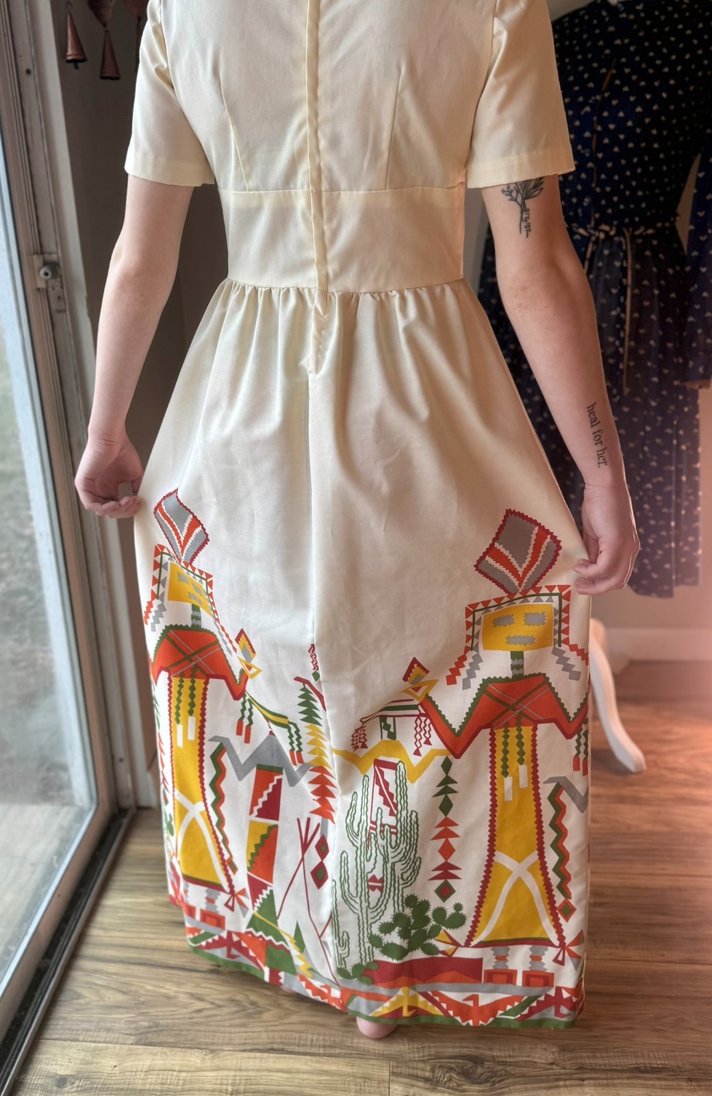 Vtg 1960s 70s Maxi DRESS Kachina Doll CACTUS Print Native FOLK ART Skirt XS/S