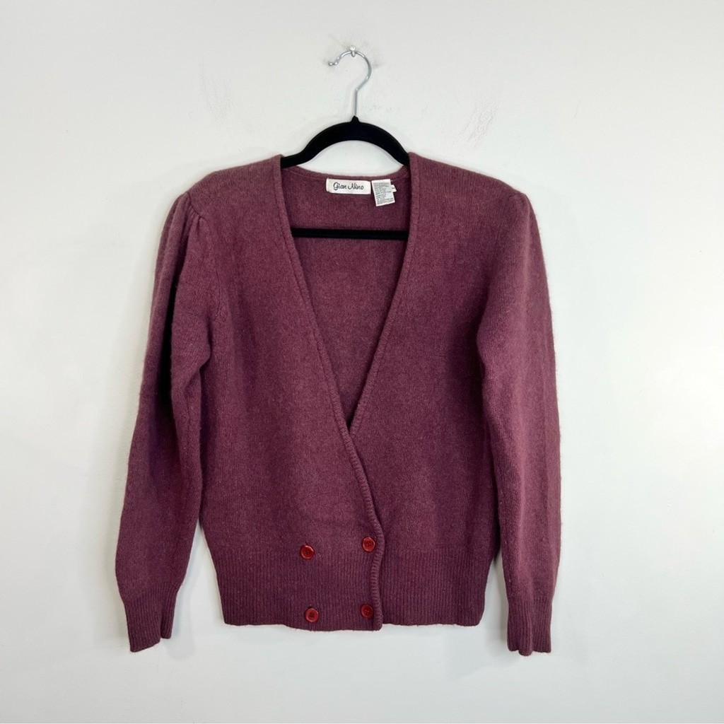 Vintage 90s wool Angora soft fuzzy plum wine puff sleeve cardigan sweater M