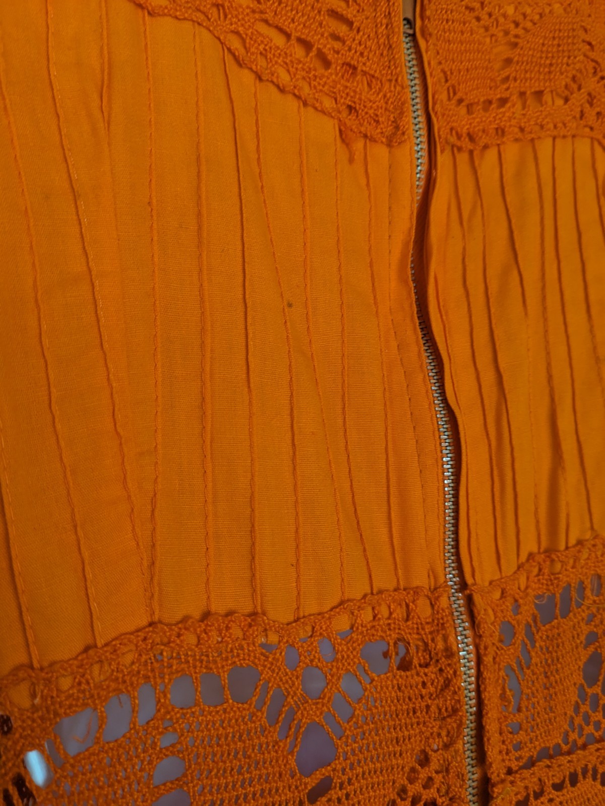 Vintage Orange Cotton Pintuck Crochet Lace Mexican Boho Peasant Dress Maxi 70s
