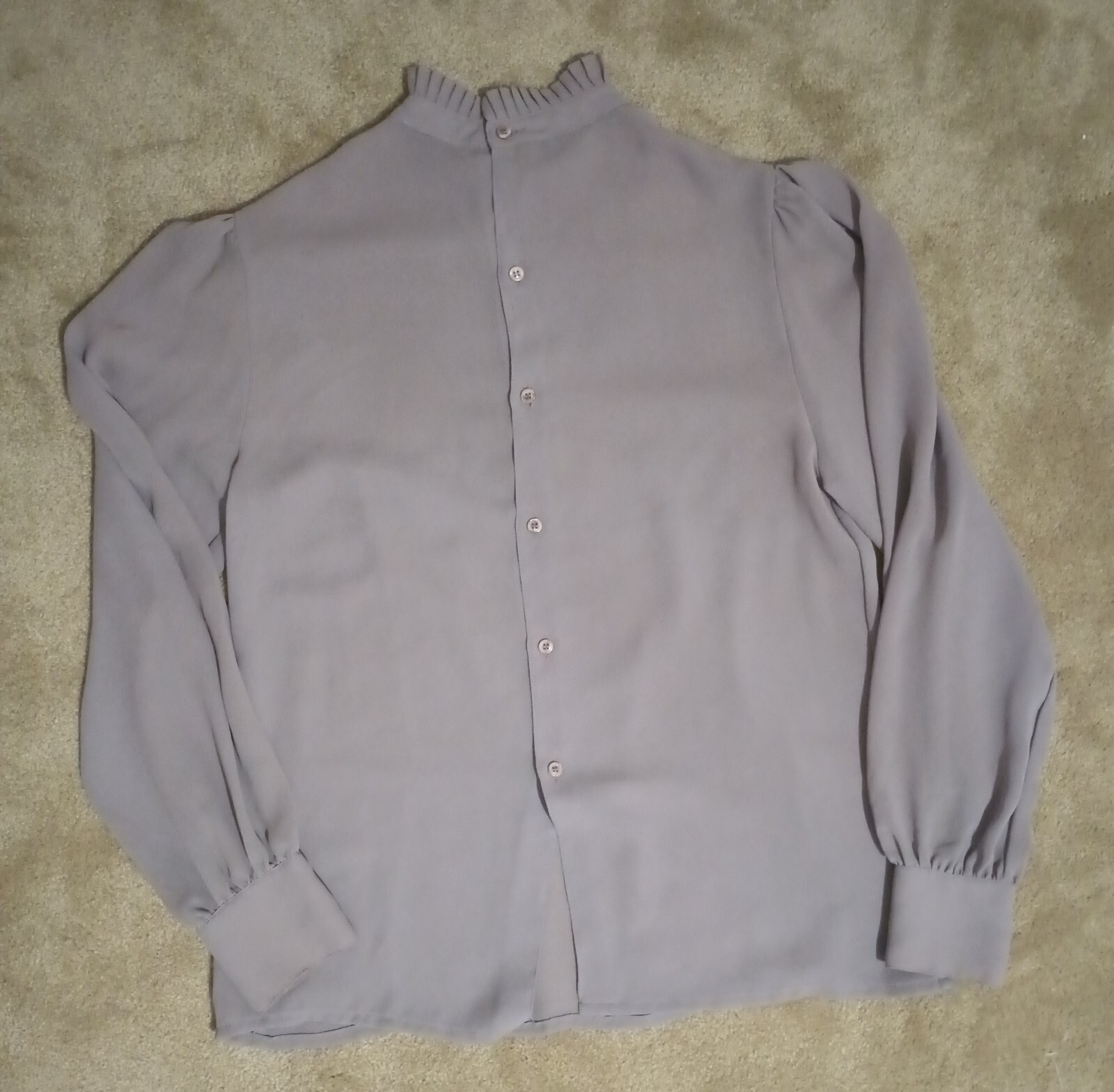 Women’s Vtg 80s 90s Lightweight Gray Semi Sheer Crepe Blouse With Pleated Bib