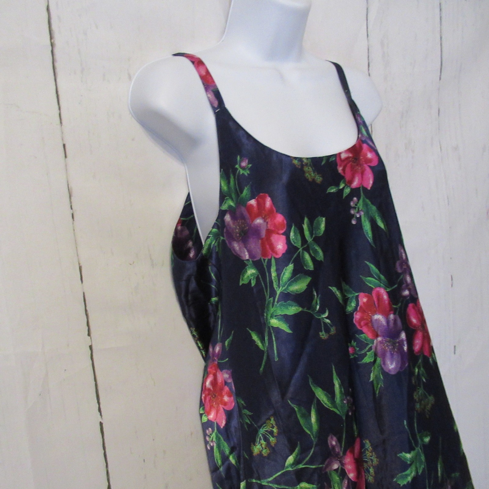 Vintage Go Softly Nightgown L Navy Blue Floral Maxi Satin Slip Dress