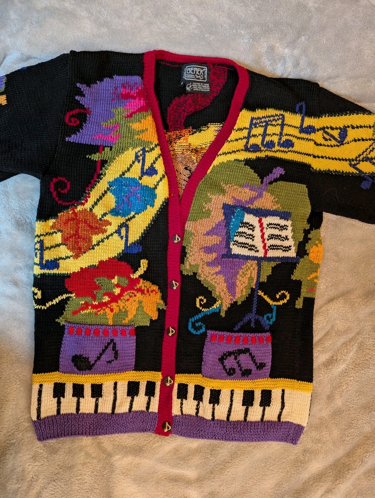 Vintage 1990s Berek Marta D Hand Knit Cardigan Sweater Large Cotton Music Band