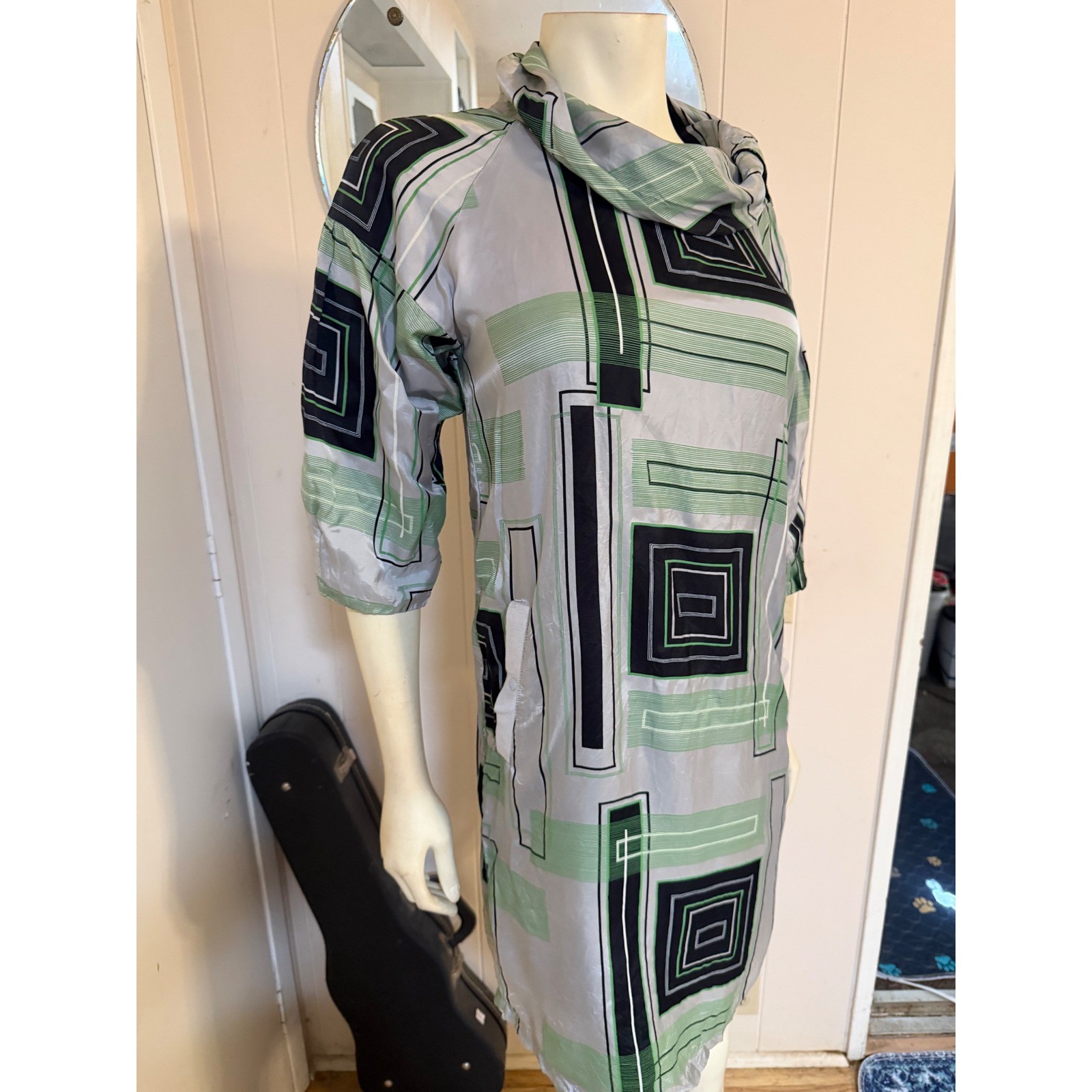 Diesel Vintage Satin Cowl Neck Shift Geometric Pattern W/Pockets Retro! S