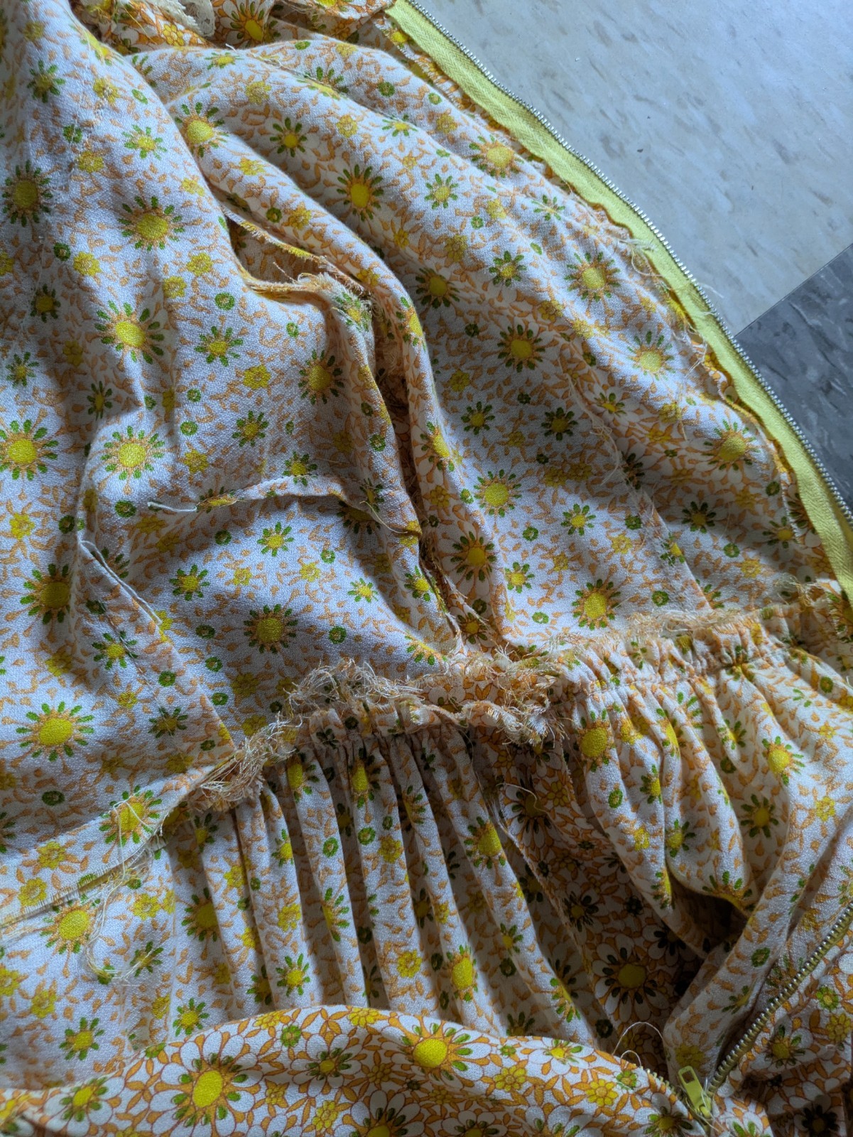 Vtg 1970 Psychedelic Floral Prairie Hostess Dress Yellow Orange Daisy Print Maxi