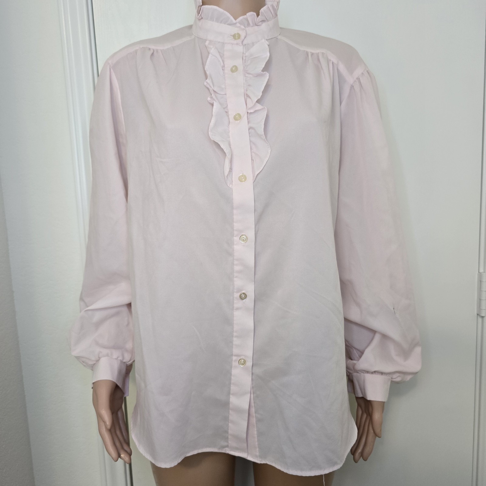 Distressed VTG Pastel Pink Mock Neck Victorian Cottagecore Blouse Approx XXL-3XL