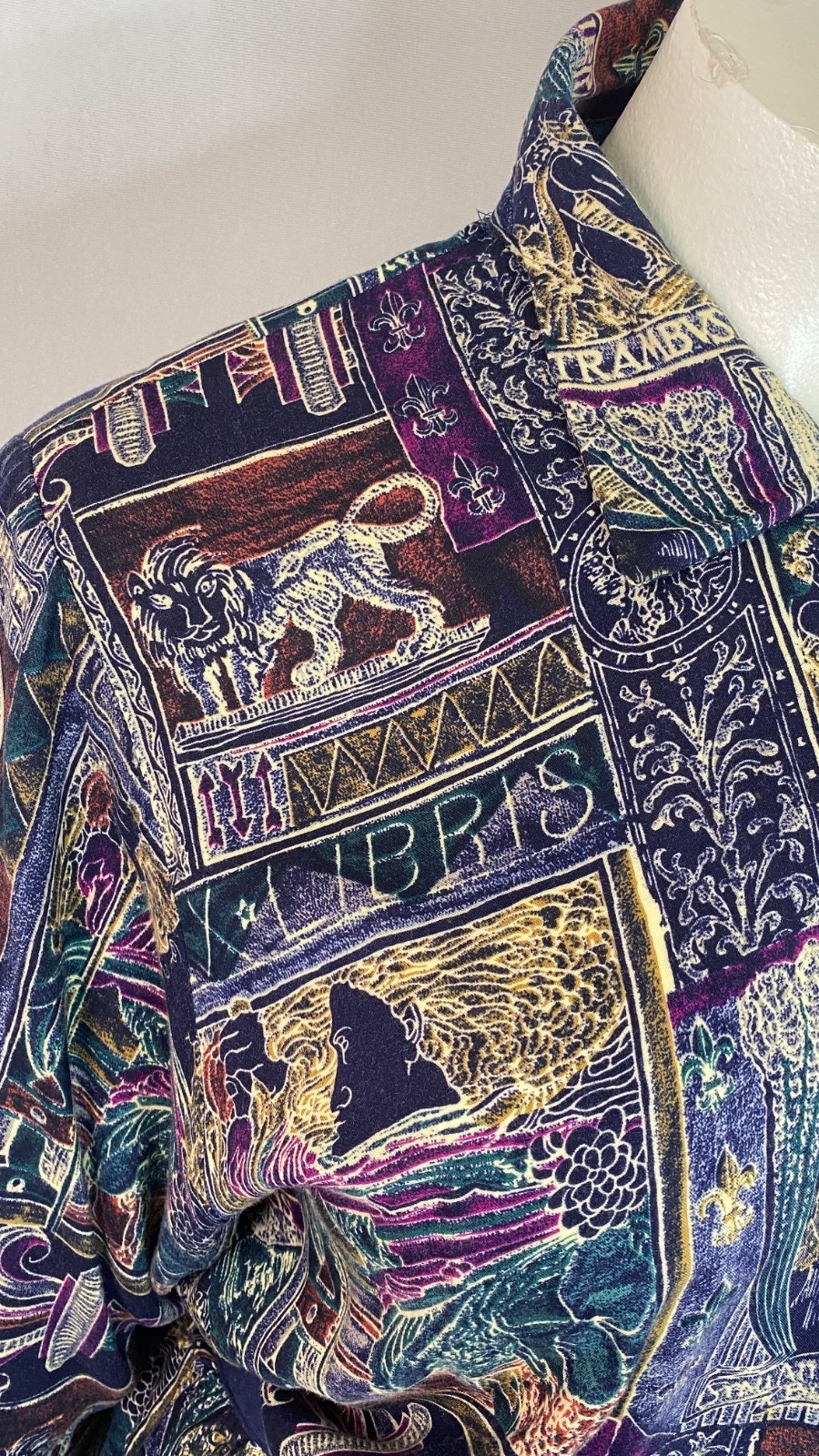 Vintage 1980s novelty print midi dress XL rayon long sleeve plus size purple