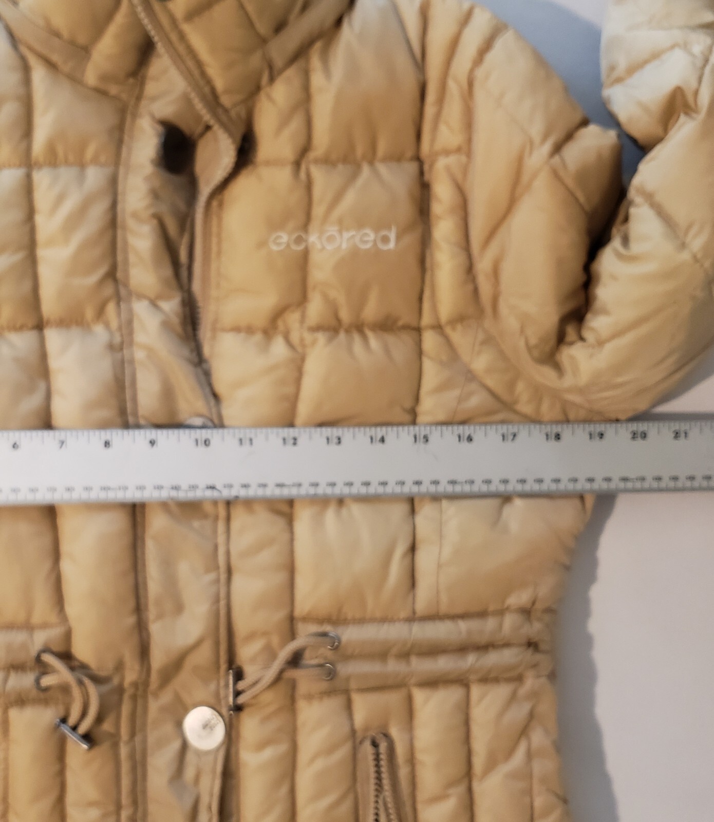 Vintage Eckored Womens Drawstring Waist Puffer Jacket L Tan Khaki Pre-Owned