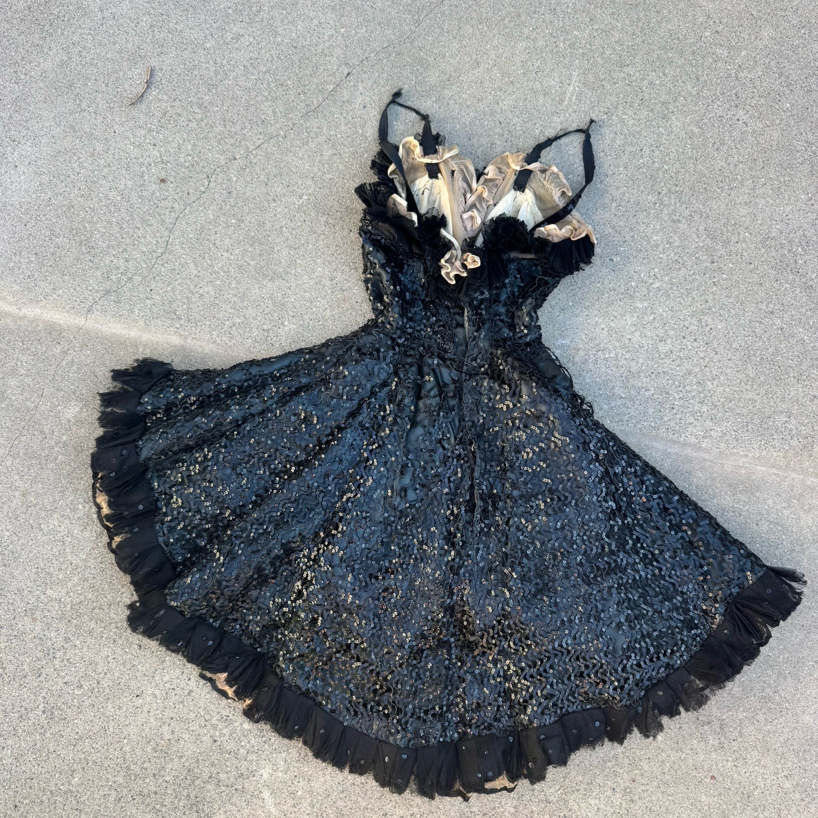 Vintage 1930s Sequin, Satin & Ruffle Paramount Showgirl Dress Burlesque Corset